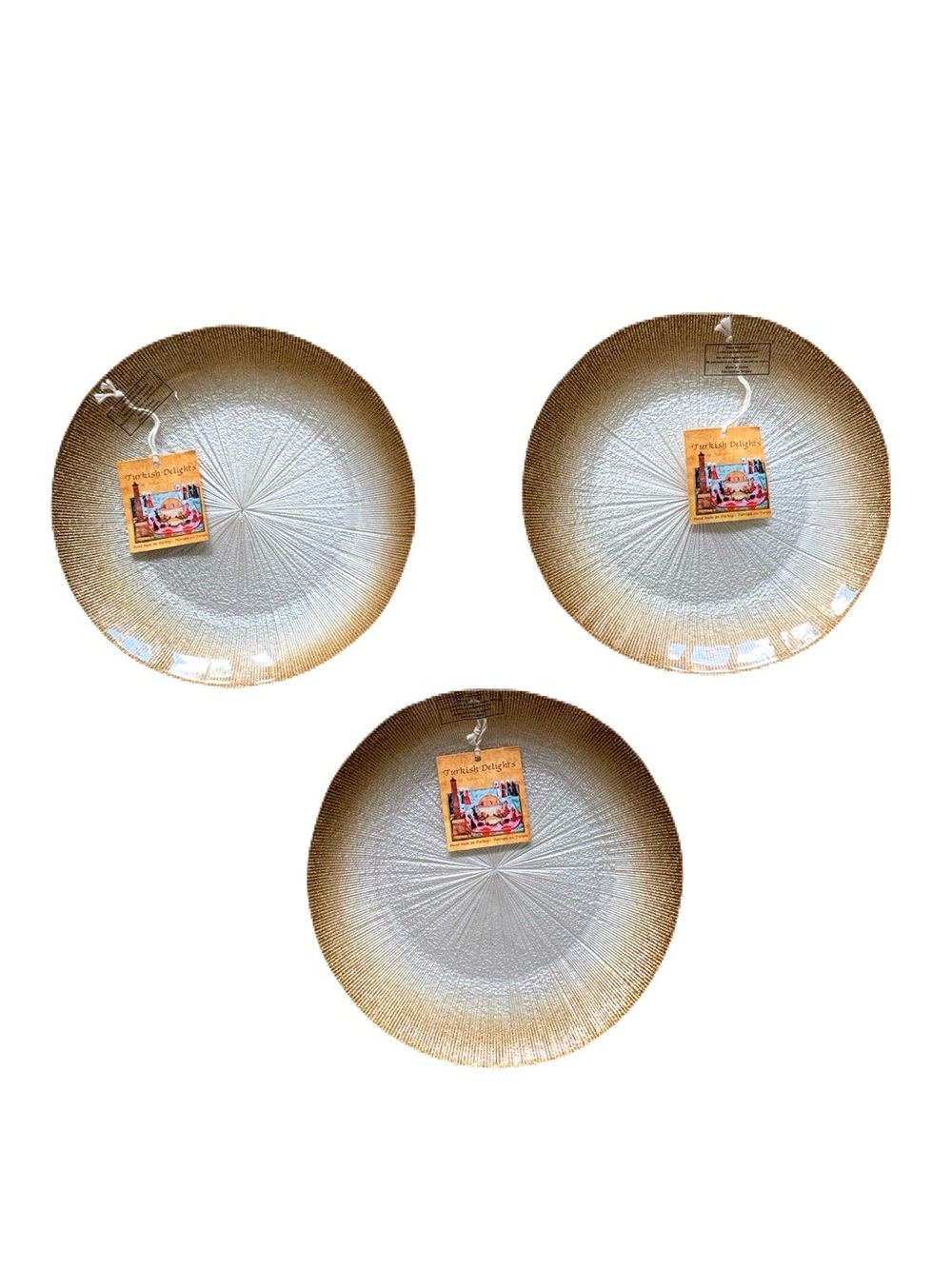 NWT Turkish Delights Set of 3 Sparkle Gold Trim Handmade Glass Plates Istanbul